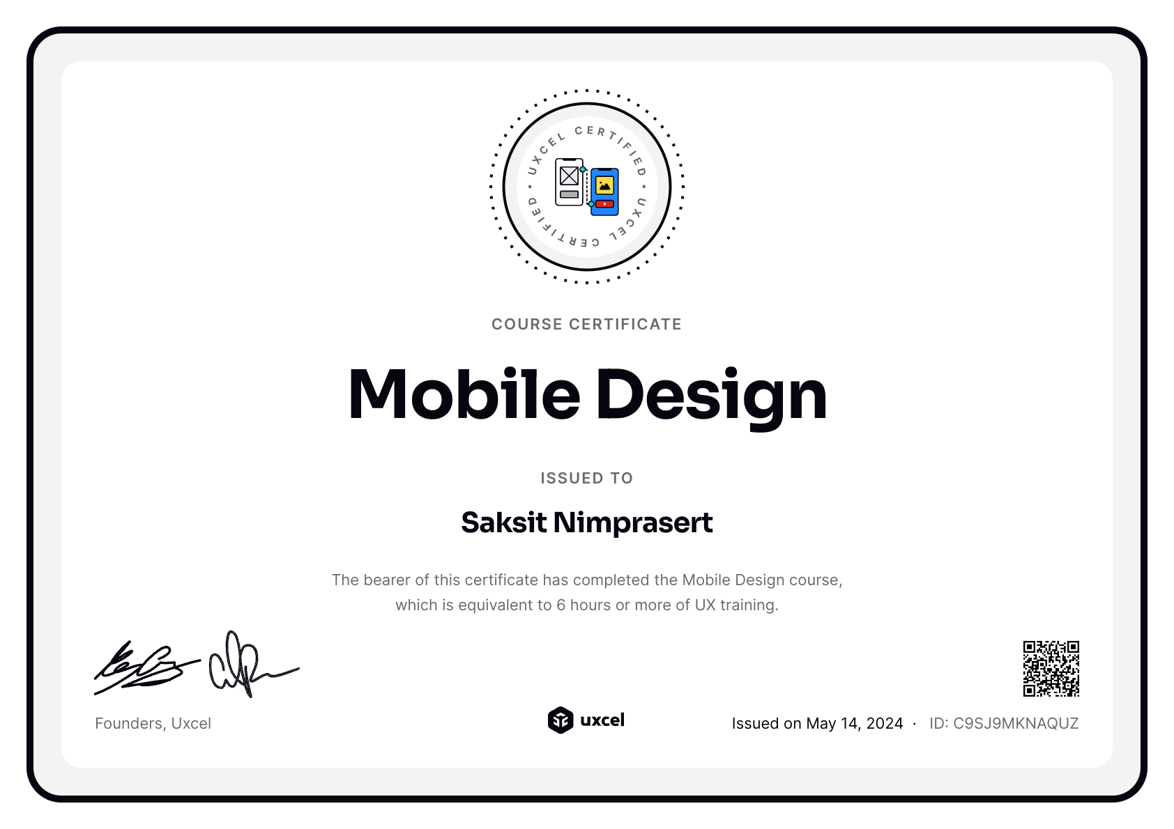 Saksit Nimprasert's certificate